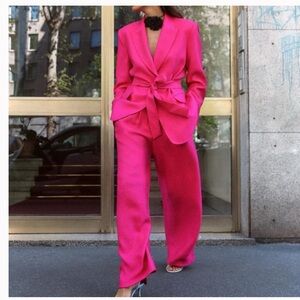 Zara metallic sheen crinkle effect lightweight wide-leg pink pants trousers sz.M